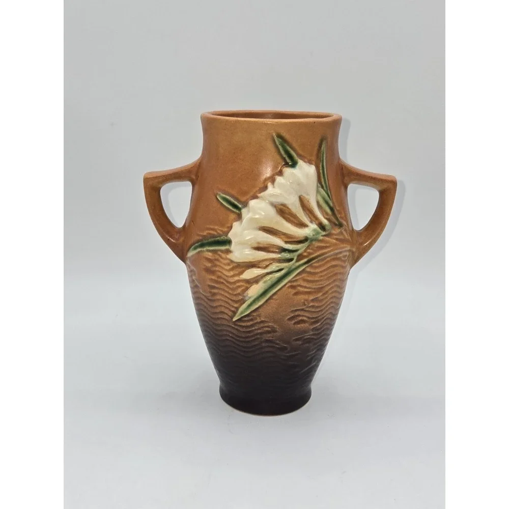 Roseville Freesia Vase 117-6 Double‎ Handle Brown Art Pottery 1940s